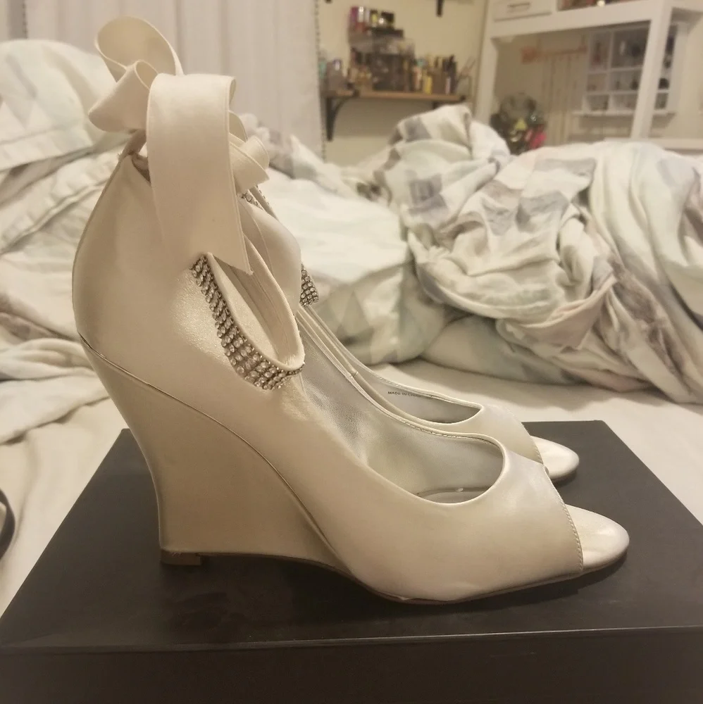 Nina Ivory Satin Wedge Peep-Toe with Rhinestone Ankle Strap
